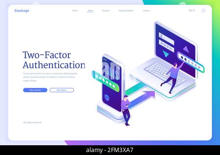 Banner zur zwei-Faktor-Authentifizierung. Konzept der Verifizierung der Identität durch Passwort und Sicherheitscode in sms. Vektor Landing Page der Multi-Authentifizierung mit isometrischen Personen, Laptop und Smartphone Stock Vektor