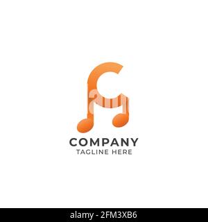 Buchstabe C Alphabet Musik Logo Design isoliert auf weißem Hintergrund. Initial und Musical Note Logo Konzept. Orangefarbener Farbverlauf. Stock Vektor