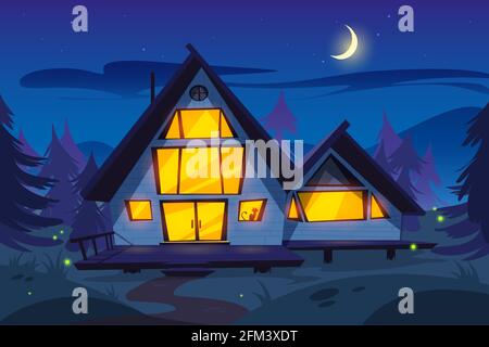 Holzhaus im Wald in der Nacht. Forsthaus. Vektor Cartoon Sommer Holz Landschaft mit Haus mit Glühfenstern, Glühwürmchen, Kiefern, Mond und Sterne am Himmel Stock Vektor