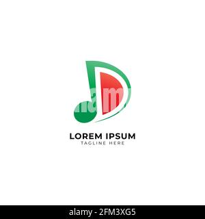 Buchstabe D Alphabet Musik Logo Design isoliert auf weißem Hintergrund. Initial, musikalische Note, Wassermelone, Obst-Logo-Konzept. Grün- und Orange-Farbdesign Stock Vektor