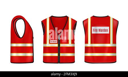 Feuerwehrschutzweste in Vorder-, Seiten- und Rückansicht, rote ärmellose Jacke mit reflektierenden Streifen für Feuerwehrleute, Weste-Mockup mit fluoreszierenden Elementen, realistische 3d-Vektordarstellung, Modell Stock Vektor
