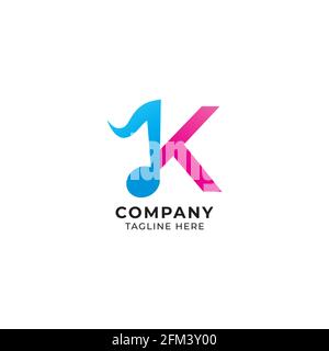 Farbenfroher Buchstabe K Alphabet Musik Logo Design isoliert auf weißem Hintergrund. Initial und Musical Note Logo Konzept. Rosa Magenta, Blau Thema Stock Vektor
