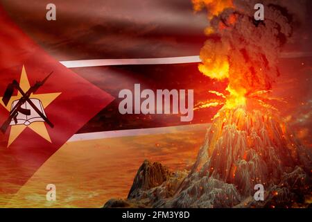 Großer Vulkanausbruch in der Nacht mit Explosion auf Mosambik Flagge Hintergrund, leiden unter Eruption und vulkanisches Erdbeben konzeptionelle 3D-Illustration Stockfoto
