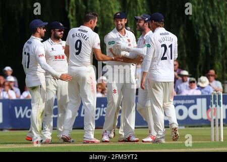 David Masters of Essex (9) wird von seinen Teamkollegen gratuliert, nachdem er während des Essex CCC gegen Sussex CCC, Specsavers County, das Dickicht von Luke Wright aufgenommen hatte Stockfoto