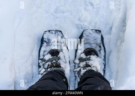 Die Füße des Mannes in Stiefeln und Schneeschuhen, die im Schnee stehen. Stockfoto