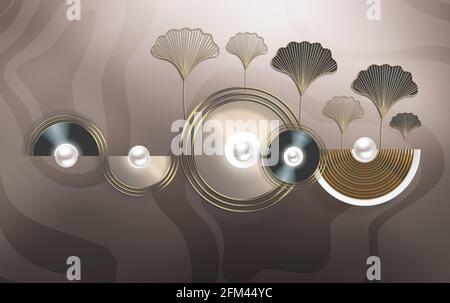 3d moderne Wandtapete . Silberperle und moderne Kreise in hellem Hintergrund . Stockfoto