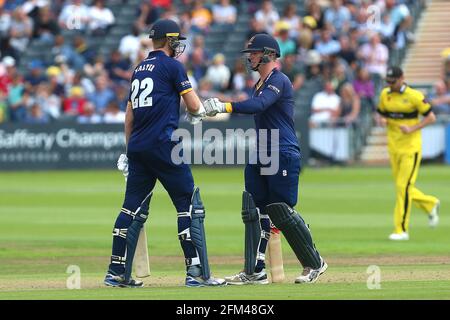 Paul Walter und Simon Harmer von Essex stoßen Handschuhe während Gloucestershire gegen Essex Eagles, NatWest T20 Blast Cricket auf dem Brightside Ground am 13 Stockfoto