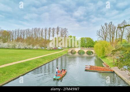 Punts auf dem Fluss Cam, Cambridge, England, außerhalb des Trinity College, Frühjahr 2021. Stockfoto
