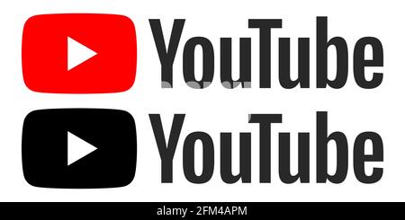 VINNYTSIA, UKRAINE - 3. Mai 2021: YouTube-Logo in verschiedenen Farben. Schwarze und rote youtube-Symbole. Vektor auf weißem Hintergrund isoliert Stock Vektor