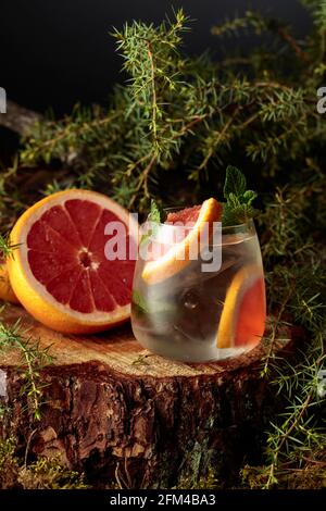 Gin und Tonic-Cocktail mit Grapefruit und Minze. Ein kaltes, eisgekühltes Erfrischungsgetränk in einem gefrorenen Glas. Stockfoto