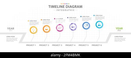 Infografik-Vorlage für Unternehmen. 6 modernes Timeline-Diagramm mit Projektplaner, Präsentationsvektor-Infografik. Stock Vektor