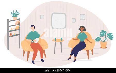 Männlicher Gastgeber fragt berühmte Berühmtheit in der TV-Show. Beliebte Frau-Star gibt Interview zu TV-Moderatorin im Broadcast-Studio. Internet-Interview-Kanal Stock Vektor