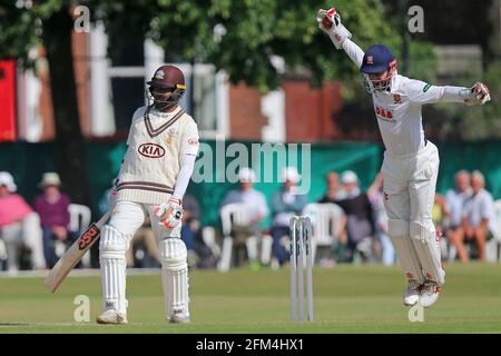 Freuen Sie sich über James Foster von Essex, als er Kumar Sangakkara während Surrey CCC gegen Essex CCC, Spe, von der Bowlingbahn von Simon Harmer abweisen kann Stockfoto