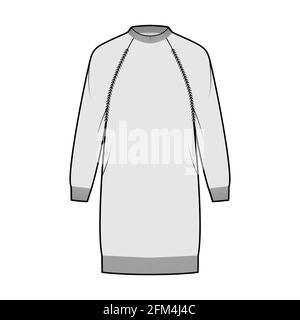 Fischerkleid Pullover technische Mode-Illustration mit geripptem Rundhalsausschnitt, langen Raglanärmeln, Hüftlänge, Strickbesatz. Flatpullover-Bekleidung vorne, in grauer Optik. Frauen Männer Unisex CAD Mockup Stock Vektor