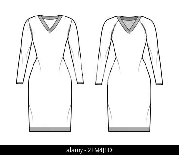Set von V-Ausschnitt Kleid Pullover technische Mode Illustration mit langen Raglanärmel, Slim Fit, knielang, Rippenstrick Besatz. Flatpullover Bekleidung vorne, hinten, weiß. Frauen, Männer Unisex-CAD-Modell Stock Vektor