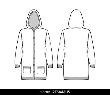 Kleid Kapuzen-Cardigan-Kleid Pullover technische Mode-Illustration mit geripptem henley-Ausschnitt, langen Ärmeln, Relax-Passform. Flatpullover-Bekleidung vorne, hinten, in weißer Farbgebung. Frauen, Männer Unisex-CAD-Modell Stock Vektor