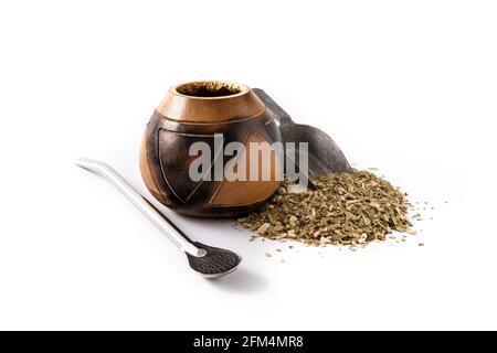 Yerba Mate Tee isoliert auf weißem Hintergrund. Traditionelles argentinisches Getränk Stockfoto