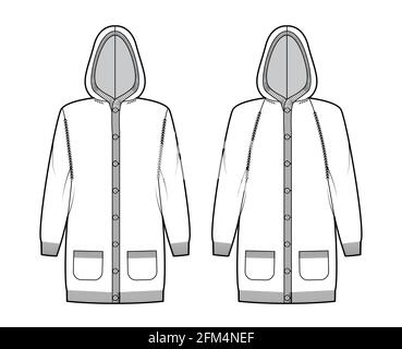 Set aus Kapuzen-Cardigan-Kleid Pullover technische Mode-Illustration mit henley-Ausschnitt, langen Raglan-Ärmeln, knielang, Rippenstrick-Besatz. Flatwear Front, weiß. Frauen, Unisex-CAD-Modell Stock Vektor