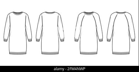 Set aus Kleid mit Rundhalsausschnitt Pullover technische Mode Illustration mit langen Raglanärmeln, übergroße Passform, knielang. Flatpullover-Bekleidung vorne, hinten, in weißer Farbgebung. Frauen, Männer Unisex-CAD-Modell Stock Vektor