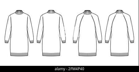 Set von Kleid Rollkragenpullover technische Mode Illustration mit langen Raglanärmeln, entspannen Körper, knielang, Strick trimmen. Flatpullover Bekleidung vorne, hinten weiß. Frauen Männer Unisex CAD Mockup Stock Vektor