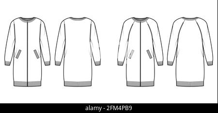 Set aus Zip-up-Kleid Cardigans Pullover technische Mode Illustration mit geripptem Rundhalsausschnitt, übergroßem Body, Strickbesatz, Taschen. Flatpullover Bekleidung vorne, hinten, weiß. Frauen, Männer Unisex-CAD-Modell Stock Vektor