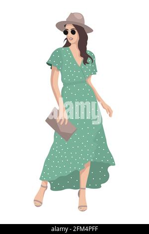 Frauen auf High Heels in stilvollen trendigen Kleidern gekleidet, Mode-Mädchen - schöne Mädchen in langen Sommer Sundress Kleid und Hut Vektor weibliche Cartoon char Stock Vektor