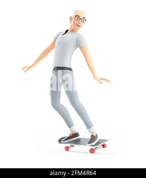 3d Senior man macht Skateboard, Illustration isoliert auf weißem Hintergrund Stockfoto