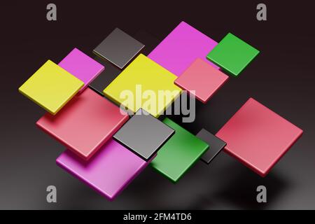 3d-Rendering einiger mehrfarbiger Würfel und Quadrate auf Ein schwarzer Hintergrund Stockfoto