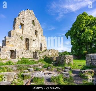 Giebelseite eines baufälligen Gebäudes, mittelalterliche Burgruinen von Hohenurach, Bad Urach, Schwäbische Alb, Baden-Württemberg, Deutschland. Stockfoto