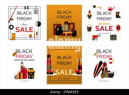 Werbeplakate für den schwarzen Freitag. Banner für Rabatte und Verkäufe. Ein Plakat mit einer Inschrift und einem Sonderangebot des Ladens. Online-Shop mit Stock Vektor