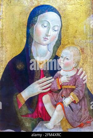 Madonna con Bambino von Benvenuto di Giovanni XV dc Gemälde von goldenen Blättern mit typischen Symbolen der italienischen Kunst des 15. Jahrhunderts, wie der Stern auf der rechten Schulter Mariens, was Jungfräulichkeit bedeutet, oder der kleine Vogel, ein Goldfink, der vom Baby gehalten wird, Symbol der Passion Christi Stockfoto