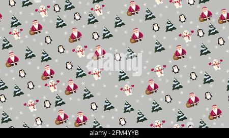 Weihnachtliche nahtlose Textur mit Weihnachtsmann, Pinguin, Weihnachtsbaum, Schneemann und Schneeflocken auf grauem Hintergrund Stockfoto