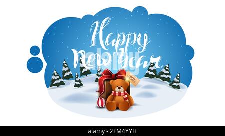 Frohes neues Jahr, Grußkarte in Form von abstrakter Wolke mit Winter-Cartoon-Landschaft und präsent mit Teddybär Stockfoto