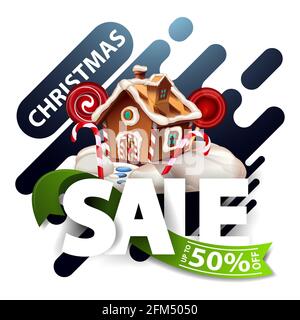 Weihnachtsverkauf, bis zu 50 Rabatt, Rabatt blau Pop-up für Website mit glatten abstrakten Linien, große Buchstaben, grünes Band und Weihnachten Lebkuchenhaus Stockfoto