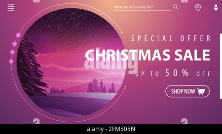 Sonderangebot, Weihnachtsverkauf, bis zu 50 Rabatt, schönes rosa modernes Rabatt-Banner mit Winterlandschaft im Hintergrund Stockfoto