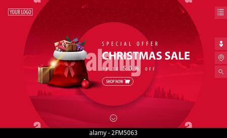 Sonderangebot, Weihnachtsverkauf, bis zu 50 Rabatt, schöne rosa moderne Rabatt-Banner mit großen dekorativen Kreisen, Winterlandschaft im Hintergrund und San Stockfoto