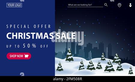 Sonderangebot, Weihnachtsverkauf, bis zu 50 Rabatt, schönes blaues modernes Rabattbanner für Website mit schöner Winterlandschaft auf dem Hintergrund und blau Stockfoto