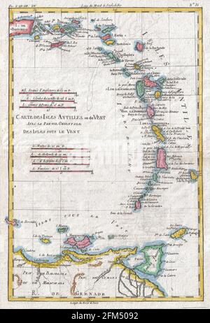 Kupferstich-Landkarte der Antillen Inseln aus dem 18. Jahrhundert. Alle Karten sind wunderschön farbig und illustriert und zeigen die Welt zu dieser Zeit. Stockfoto