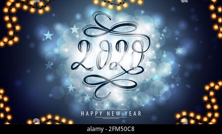 2020, Happy New Year, Vintage-Zahlen auf blauem unscharfem Hintergrund Stockfoto