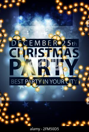 Weihnachtsfeier, beste Party in Ihrer Stadt, blaues Plakat mit verschwommenem Hintergrund und Girlande Stockfoto