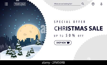 Sonderangebot, Weihnachtsverkauf, bis zu 50 Rabatt, schönes weißes Rabattbanner für Website im minimalistischen weißen Stil mit Winterlandschaft auf Backgrou Stockfoto
