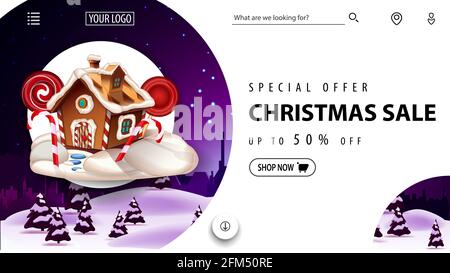 Sonderangebot, Weihnachtsverkauf, bis zu 50 Rabatt, schönes weißes Rabattbanner für Website im minimalistischen weißen Stil mit Winterlandschaft auf Backgrou Stockfoto