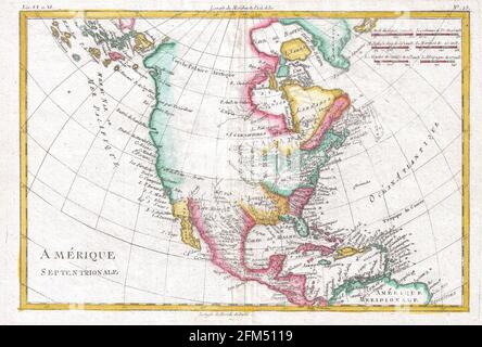 Kupferstich-Landkarte von Nordamerika aus dem 18. Jahrhundert. Alle Karten sind wunderschön farbig und illustriert und zeigen die Welt zu dieser Zeit. Stockfoto