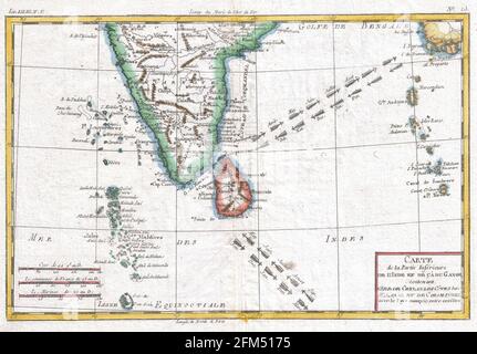 Kupferstich-Landkarte von Südindien aus dem 18. Jahrhundert. Alle Karten sind wunderschön farbig und illustriert und zeigen die Welt zu dieser Zeit. Stockfoto