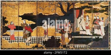 Der chinesische Kaiser Xuanzong von Tang (685-762) und die Konkubine Yang Guifei (719-756), mit Anwesenden auf einer Terrasse, Gemälde von Kano Eitoku, 1550-1590 Stockfoto