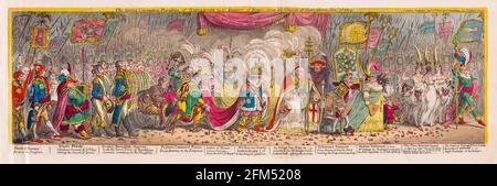 Karikatur: Die große Krönungsprozession von Napoleon Bonaparte (1769-1821), als Kaiser Napoleons I. von Frankreich, aus der Kirche Notre-Dame am 2. Dezember 1804, Druck von James Gillray, 1805 Stockfoto