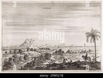 Stadtmauern und Landschaft von Nanking (Nanjing): Aus dem Buch eine Botschaft der Ostindischen Kompanie der Vereinigten Provinzen an den Großtatar Cham, Kaiser von China, von Johannes Nieuhof, Stich von Wenceslaus Hollar, 1669 Stockfoto