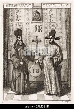 Christentum in China: Jesuitenpriester aus der Gesellschaft Jesu: Aus dem Buch eine Botschaft der Ostindischen Gesellschaft der Vereinigten Provinzen an den Großtataren Cham, Kaiser von China, von Johannes Nieuhof, Stich von Wenzel Hollar, 1669 Stockfoto