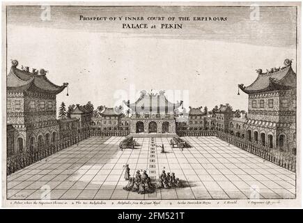 Innenhof des Palastes in Peking: Aus dem Buch eine Botschaft der Ostindischen Kompanie der Vereinigten Provinzen an den Großtatar Cham, Kaiser von China, von Johannes Nieuhof, Stich von Wenzel Hollar, 1669 Stockfoto