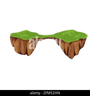 Flying Island mit Boden und Gras isoliert auf weißem Hintergrund, detailliert im Cartoon-Stil. UI-Spielelemente, Hintergrund für Standort, Element. Fantasie Stock Vektor